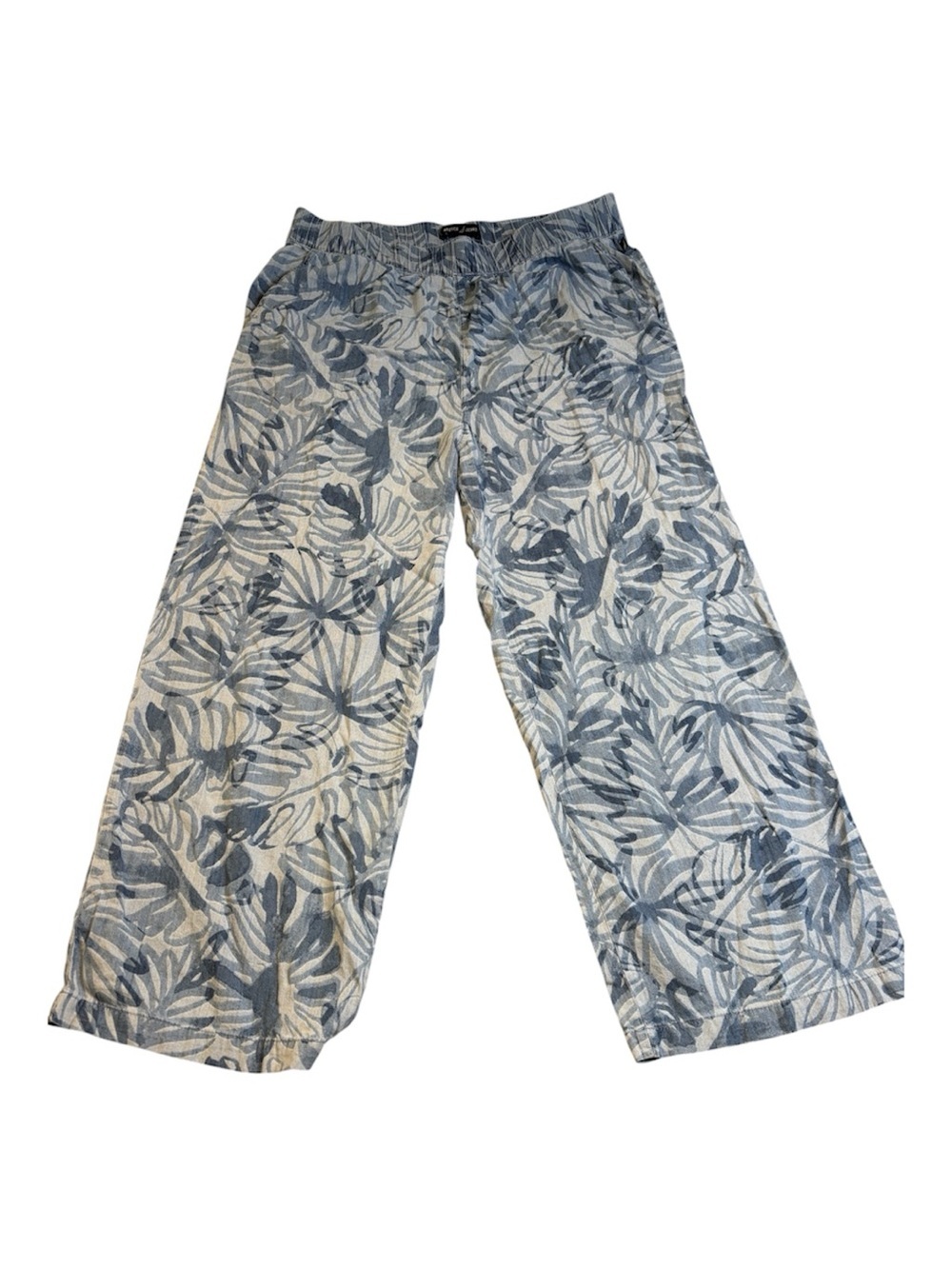 Nautica Blue White Tropical Palm Print Wide Leg Crop Pants Medium EUC